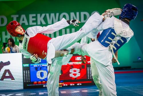 Kim Tae-hun of South Korea fighting for world Taekwondo gold